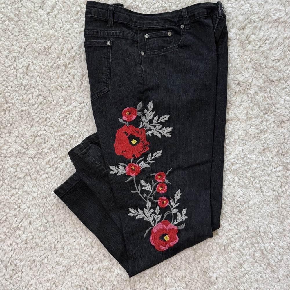 V Cristina Black Floral Embroidered Jeans Womens 14 Y2K Boho Artsy Indie Stretch